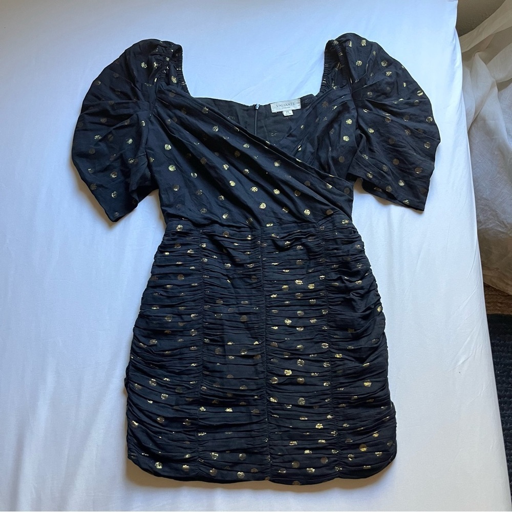 VALIANTE black cotton lured metallic gold dot ruched puff short sleeve‎ mini